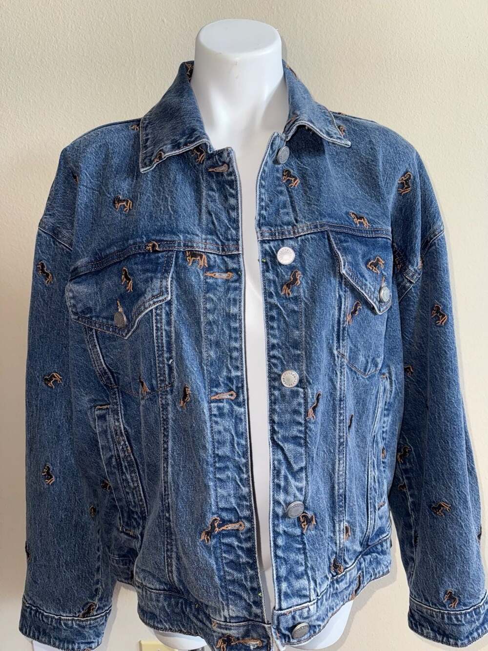 Avec Les Filles Embroidered Denim Jacket with Horse Motif, Size L